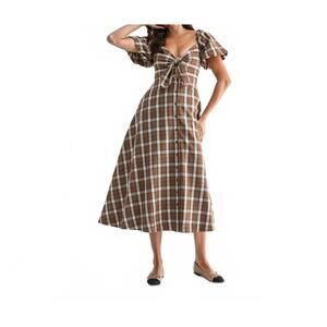 NEW CAMELLIA jori plaid tie front midi dress in brown